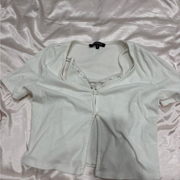 Tops - White Ribbed Lace-Trim Short Sleeve Top